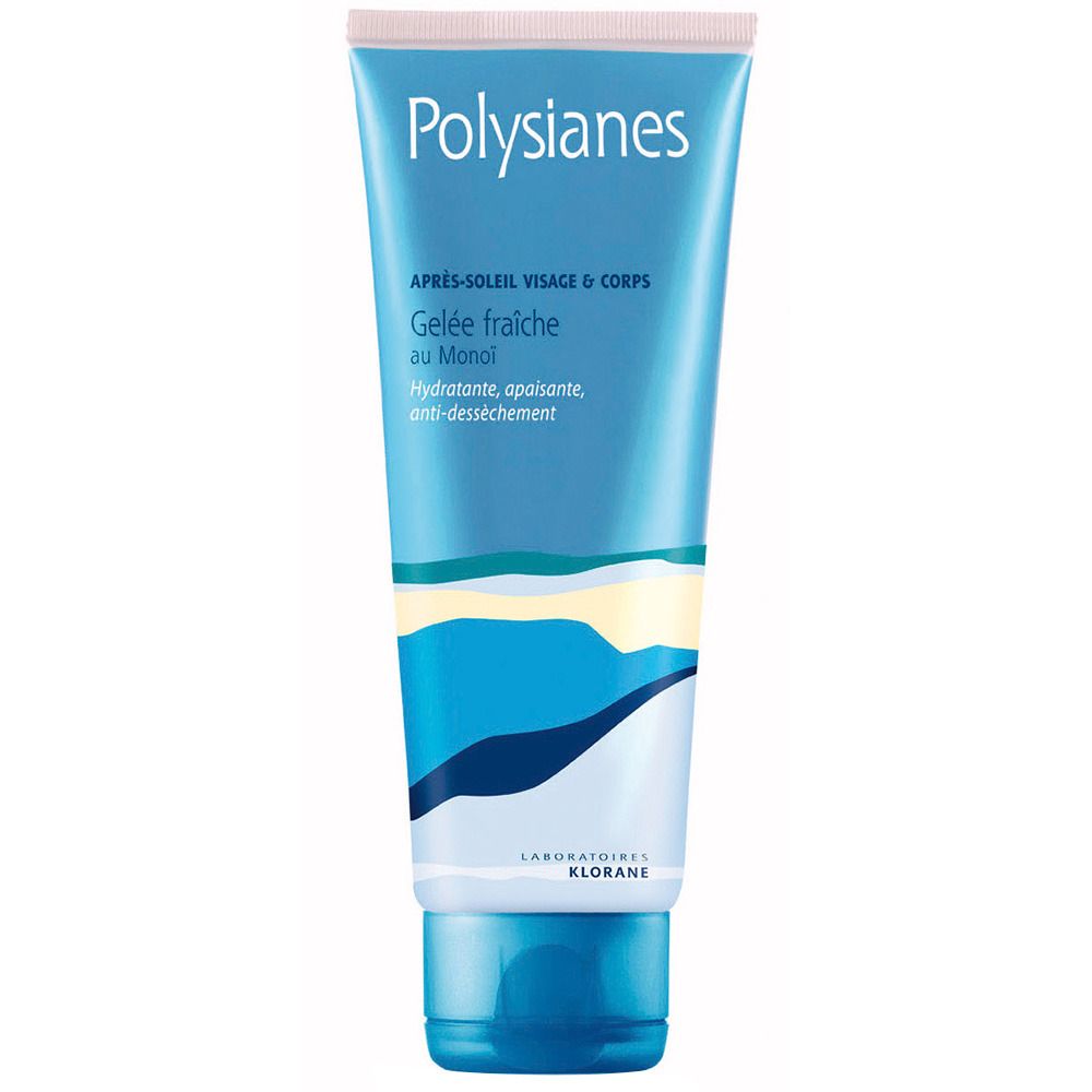 Tubo blu e bianco Polysianes. Testo: Après-Soleil Visage & Corps, Gelée fraîche au Monoi. Marchio: Klorane.