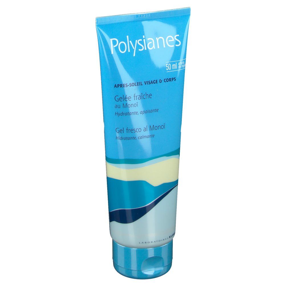 Tubo blu Polysianes. Testo: Après-Soleil Visage & Corps, Gelée fraîche au Monoi. Marchio: Klorane. 50 ml.
