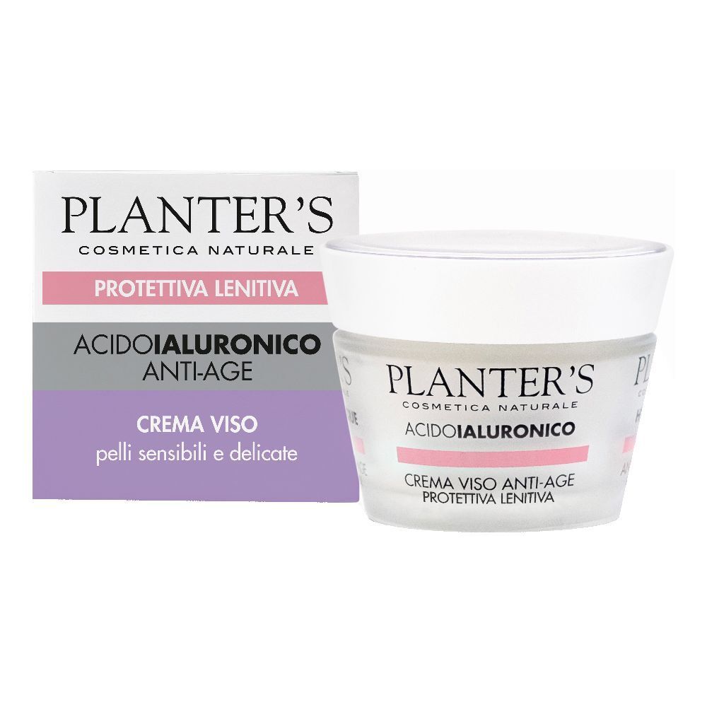 Vaso crema e confezione. Scritta PLANTER'S, ACIDOIALURONICO, CREMA VISO. Per pelli sensibili.