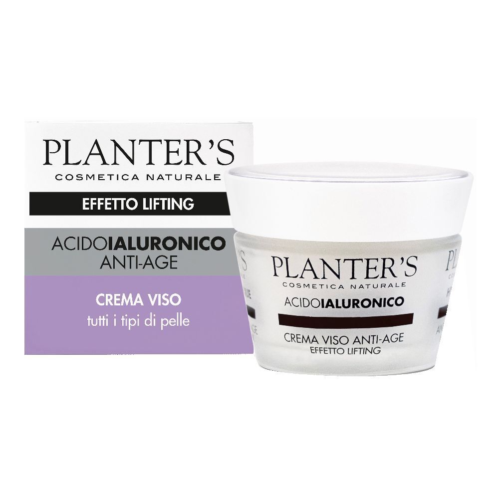 Confezione di crema con testo. Sulla confezione si legge "PLANTER'S COSMETICA NATURALE". Sul vasetto si legge "ACIDOIALURONICO".
