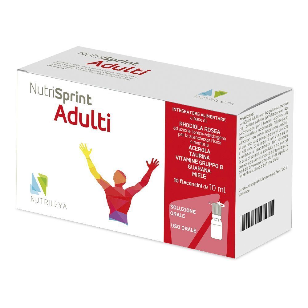 Scatola Nutrisprint Adulti. Ingredienti e illustrazione di una persona con le braccia alzate. Soluzione orale.