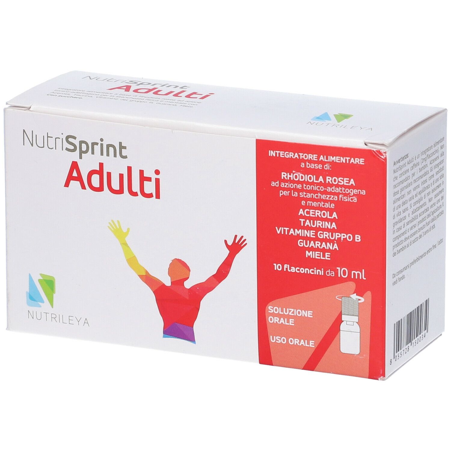 Scatola Nutrisprint Adulti. Ingredienti e illustrazione di una persona con le braccia alzate. Soluzione orale.