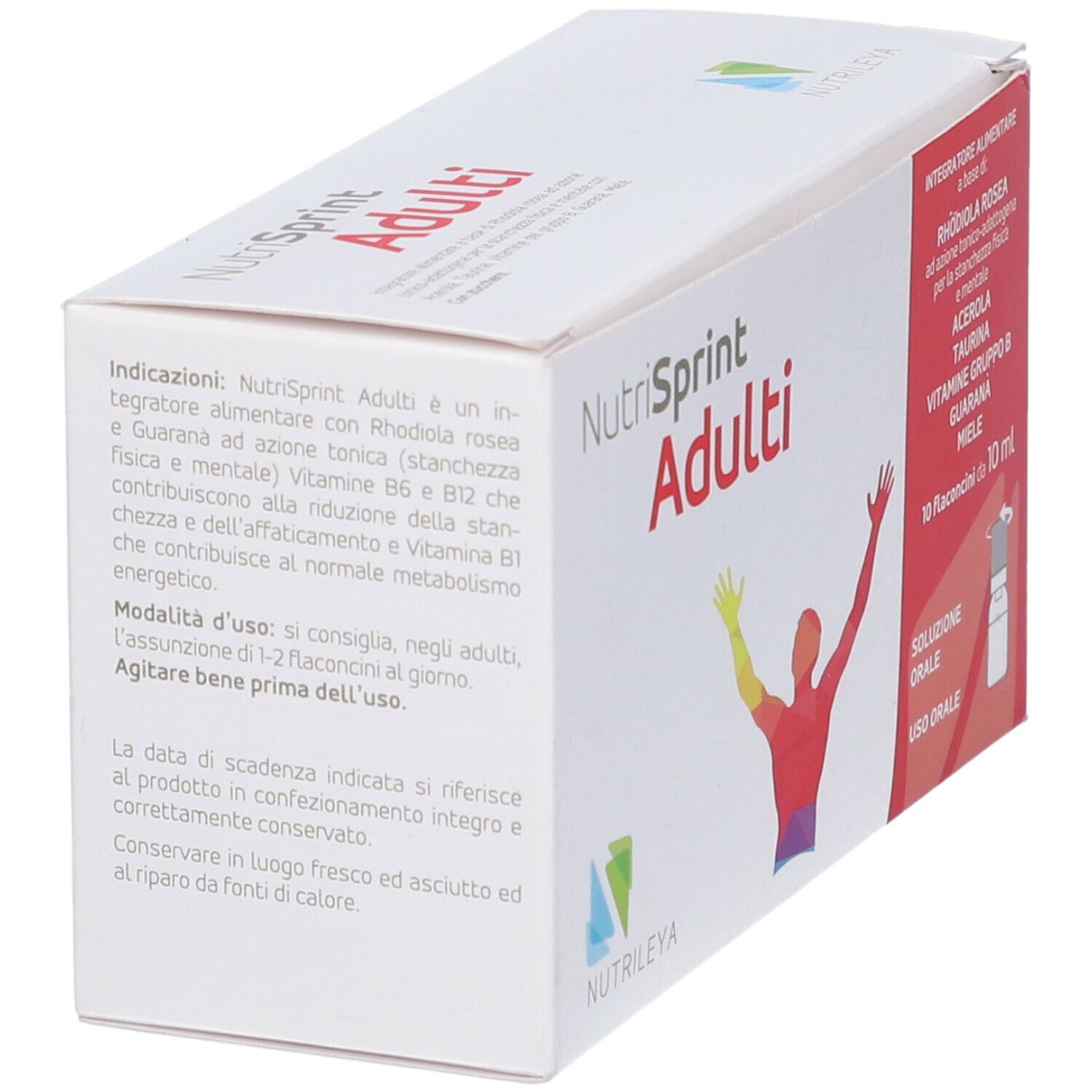 Scatola Nutrisprint Adulti. Testo con ingredienti e istruzioni per l'uso. Marchio Nutrileya.