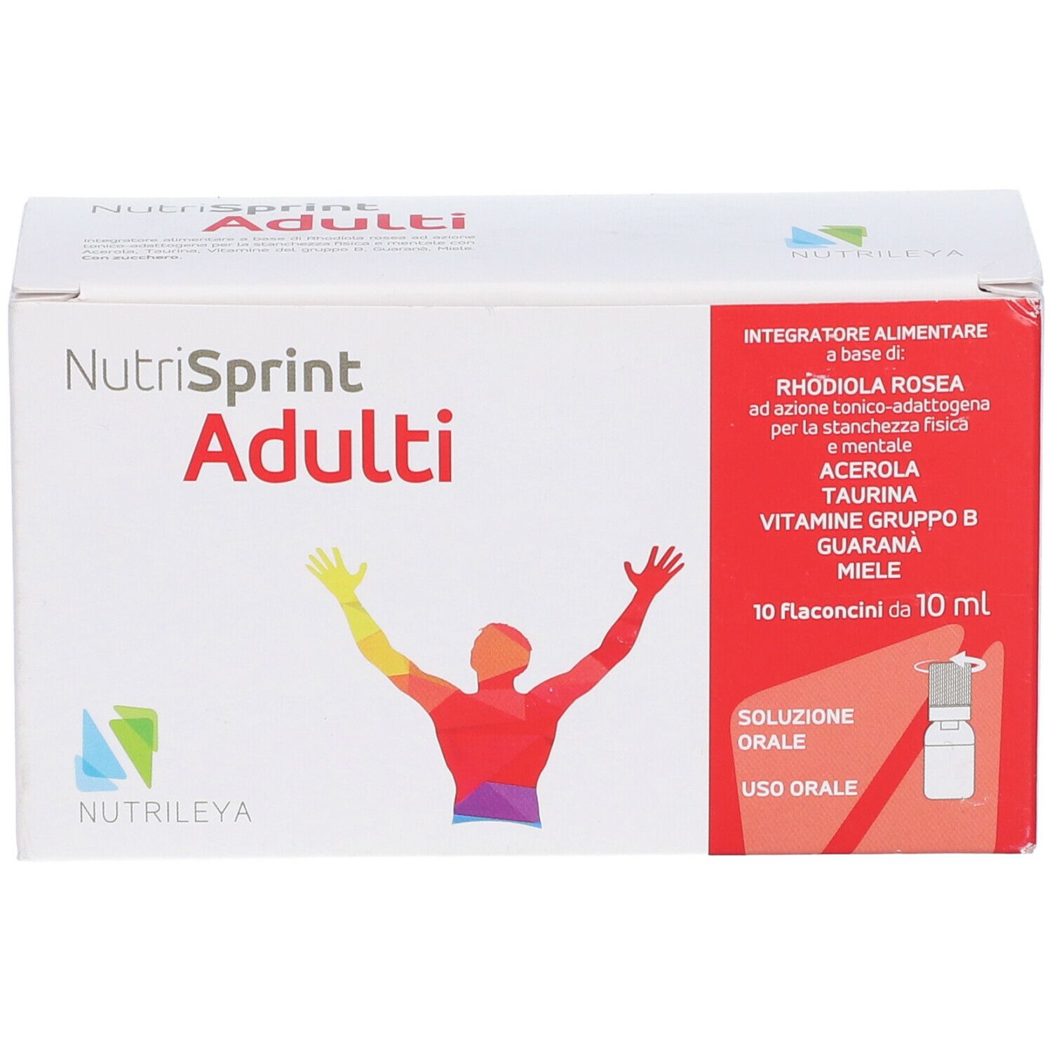 Scatola Nutrisprint Adulti. Ingredienti e illustrazione di una persona con le braccia alzate. Soluzione orale.