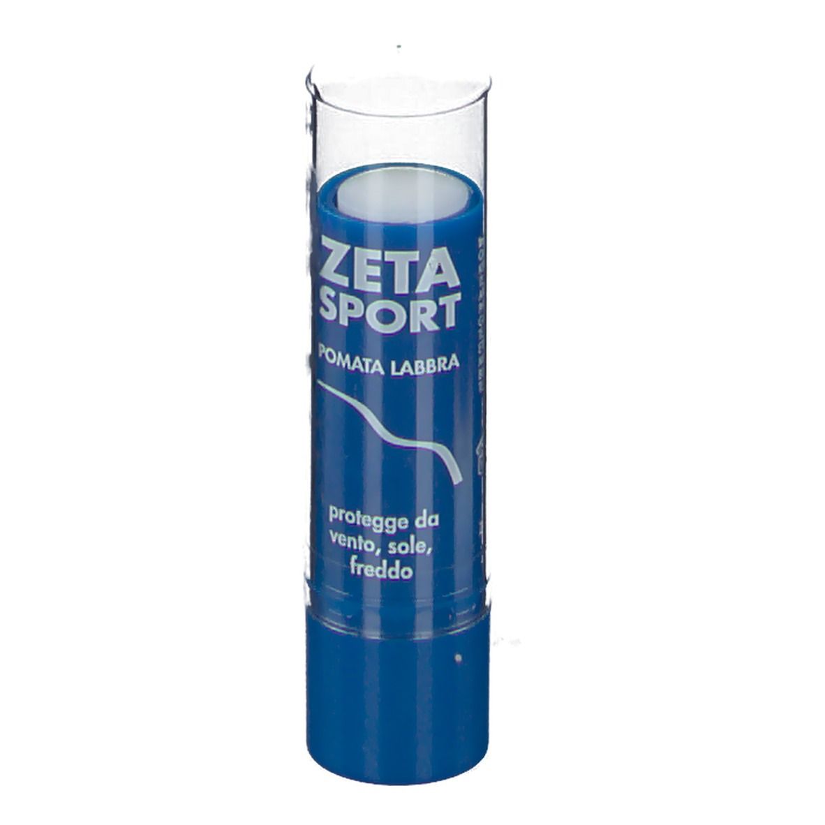 Balsamo per labbra blu in astuccio trasparente. Scritta: ZETA SPORT POMATA LABBRA. Protegge da vento, sole, freddo.