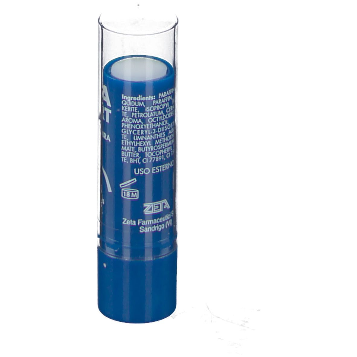 Balsamo per labbra blu in astuccio trasparente. Lista ingredienti stampata. Marchio: ZETA. Indirizzo: Zeta Farmaceutici, Sandrigo (VI).