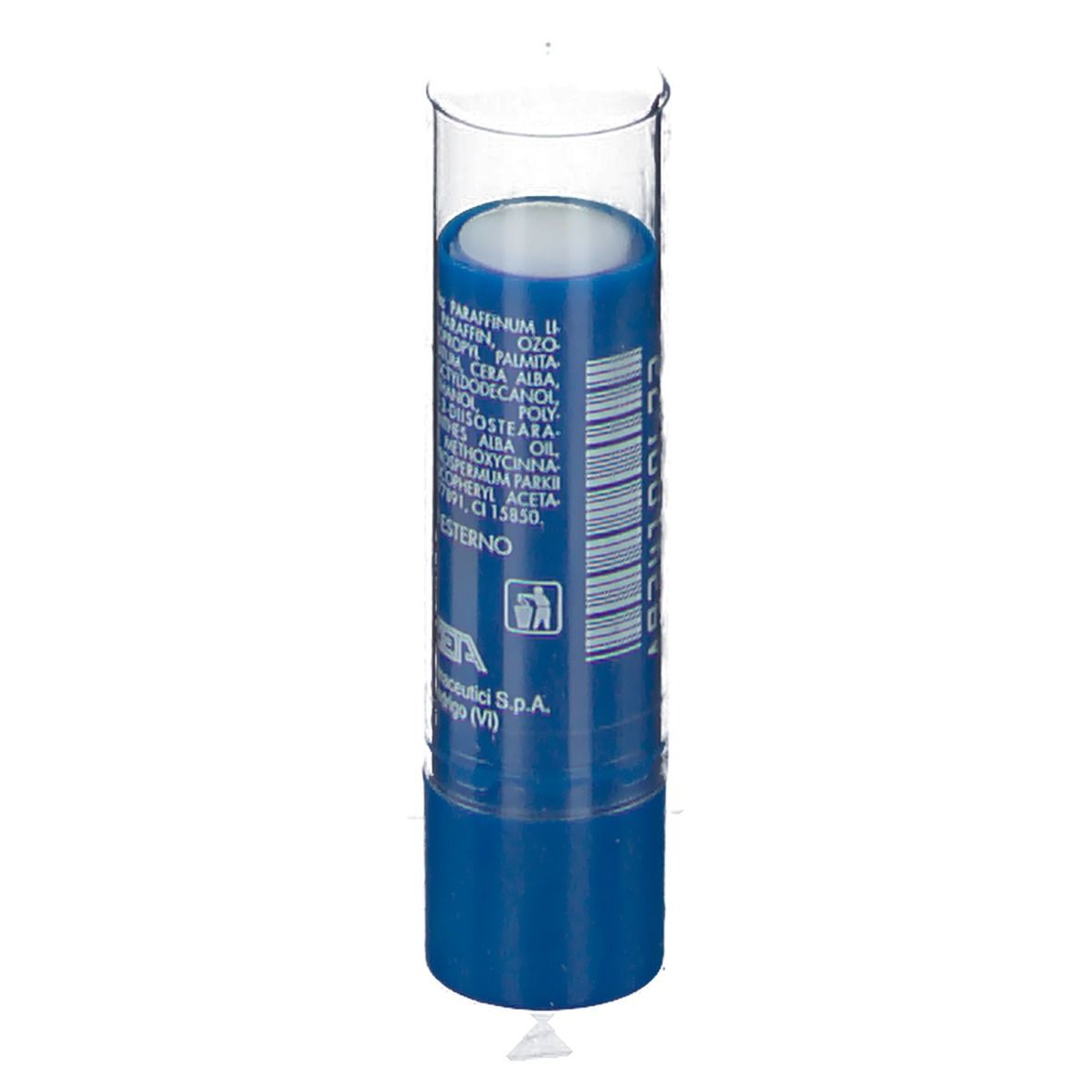 Balsamo per labbra blu in astuccio trasparente. Lista ingredienti stampata. Marchio: ZETA. Indirizzo: Zeta Farmaceutici, Sandrigo (VI).