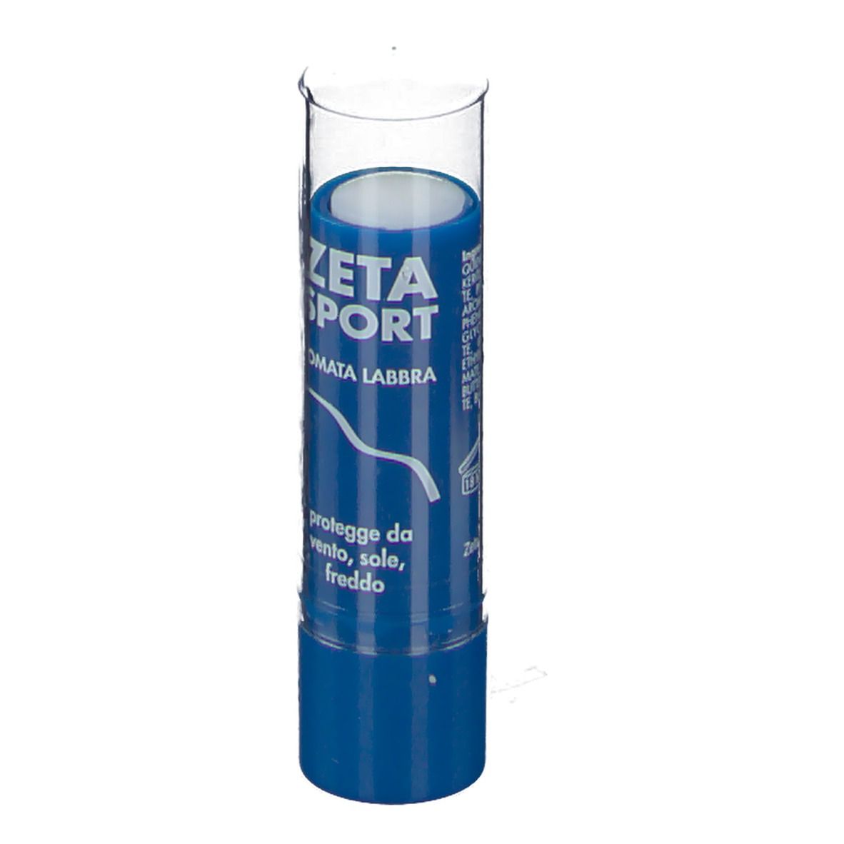 Balsamo per labbra blu in astuccio trasparente. Scritta: ZETA SPORT POMATA LABBRA. Protegge da vento, sole, freddo.