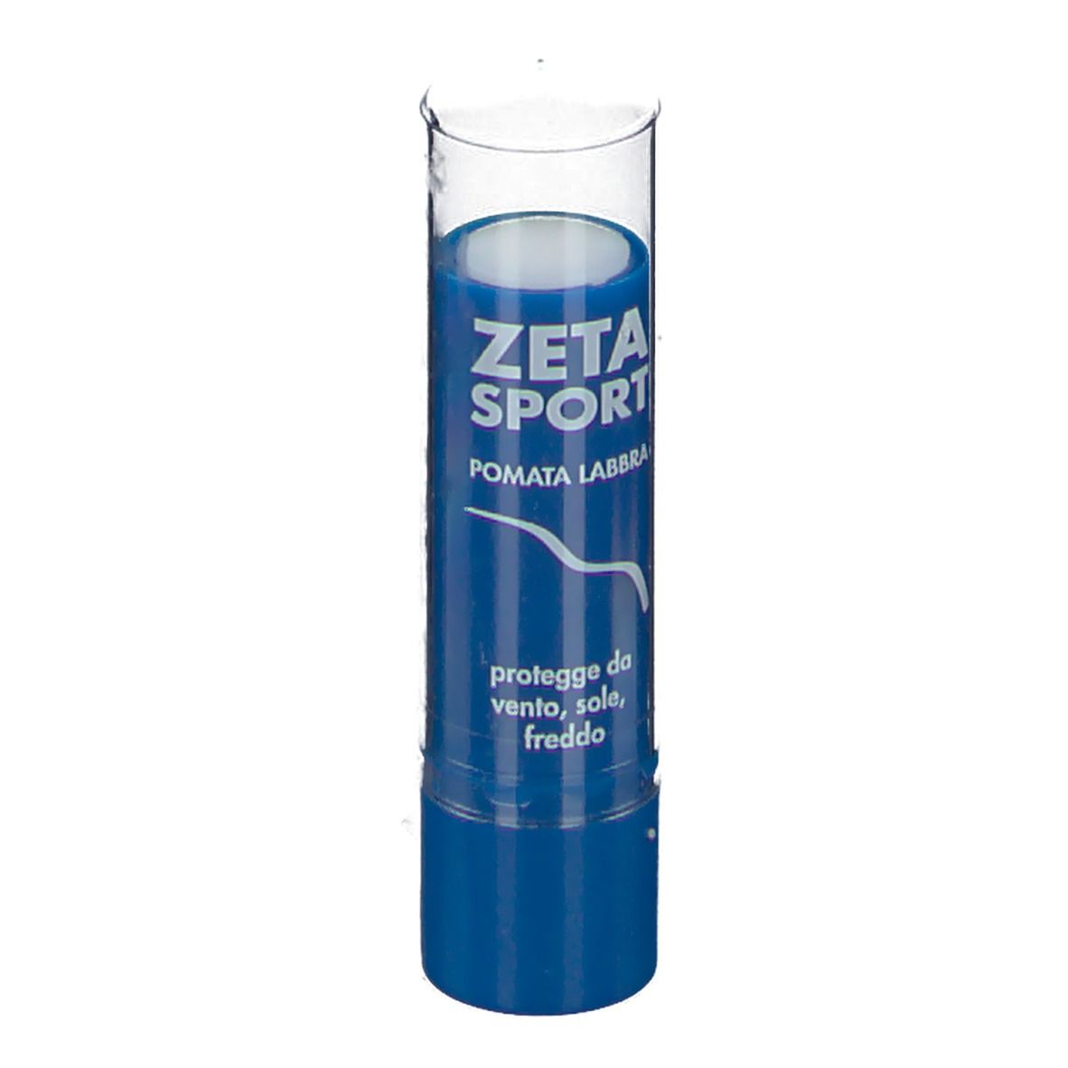 Balsamo per labbra blu in astuccio trasparente. Scritta: ZETA SPORT POMATA LABBRA. Protegge da vento, sole, freddo.