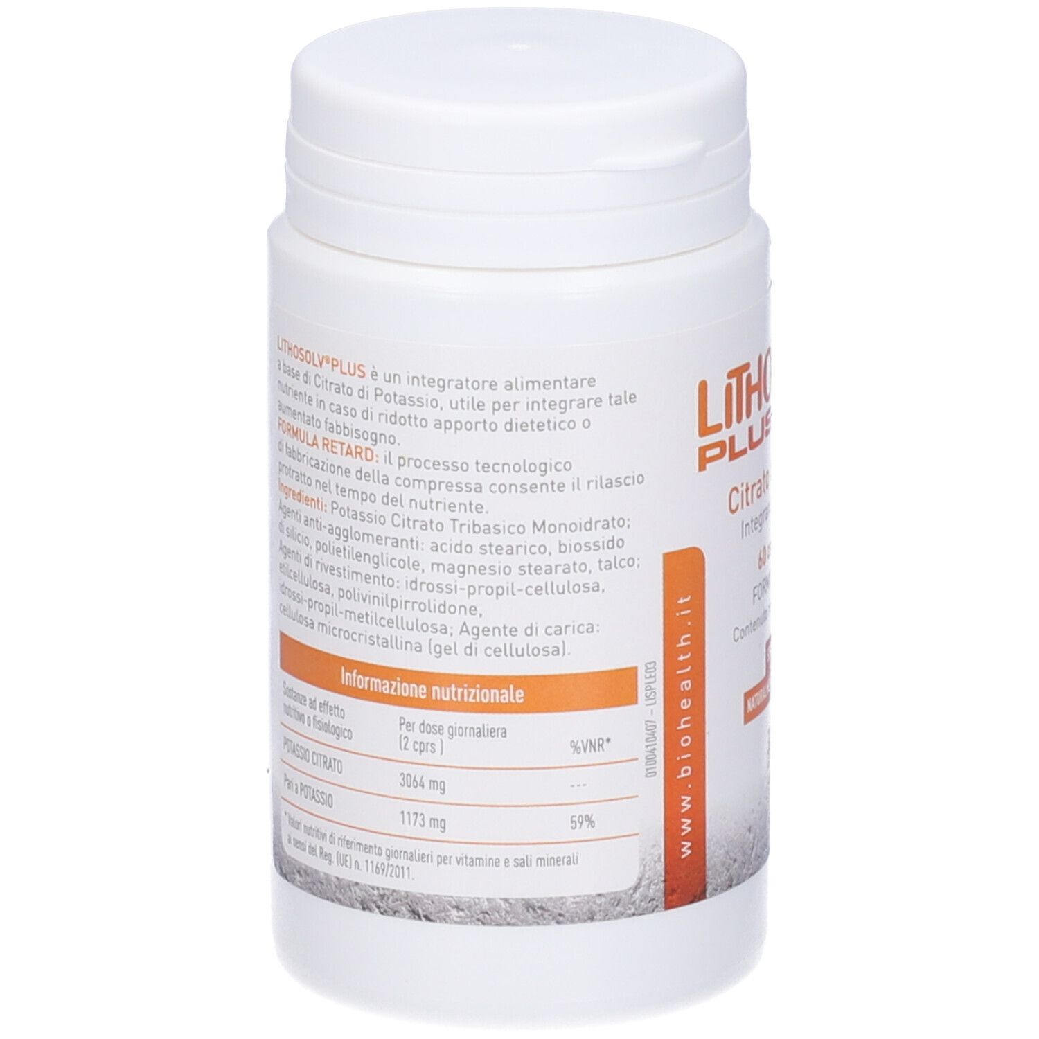 Retro del flacone bianco Lithosolv Plus. Testo: Ingredienti, informazioni nutrizionali. Biohealth Italia.
