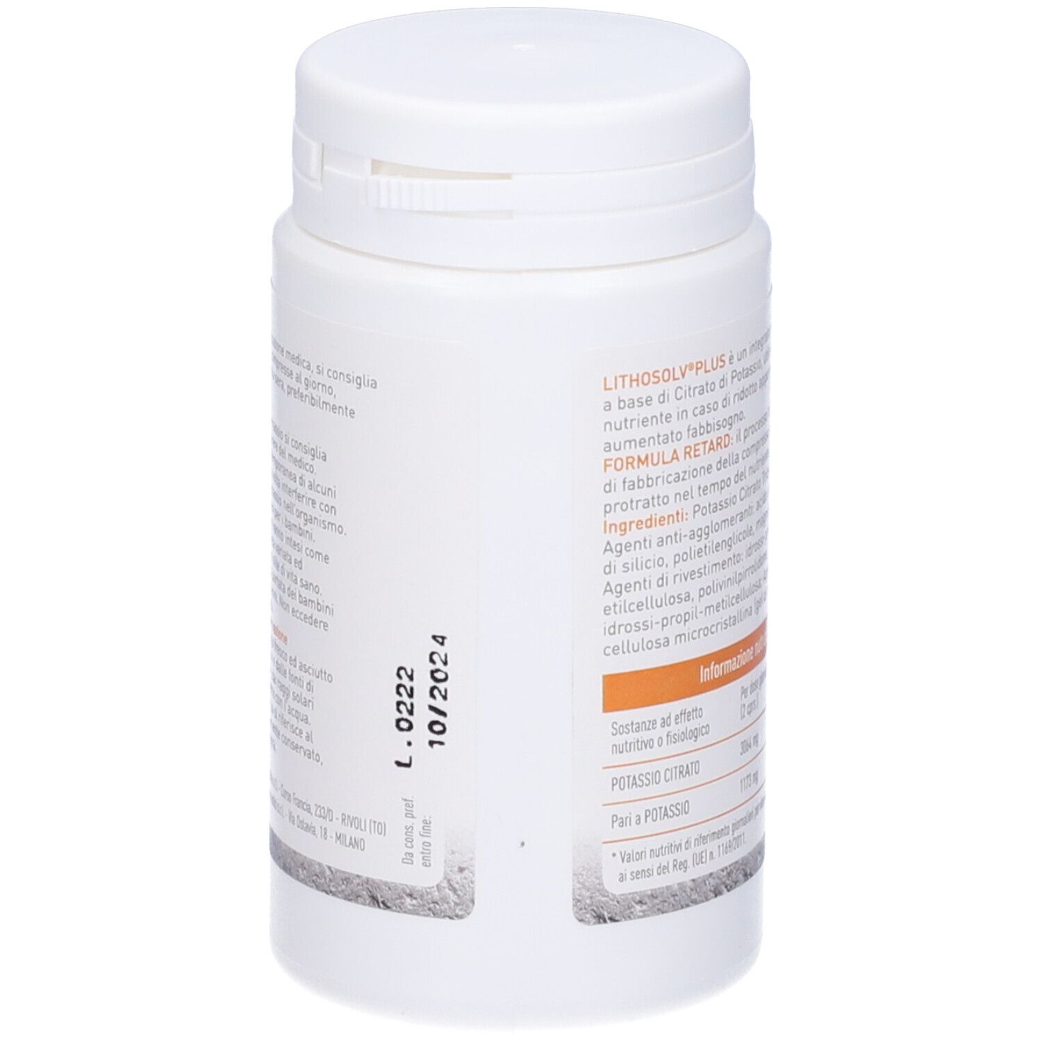 Retro del flacone bianco Lithosolv Plus. Testo: Modalità d'uso, data di scadenza. Biohealth Italia.