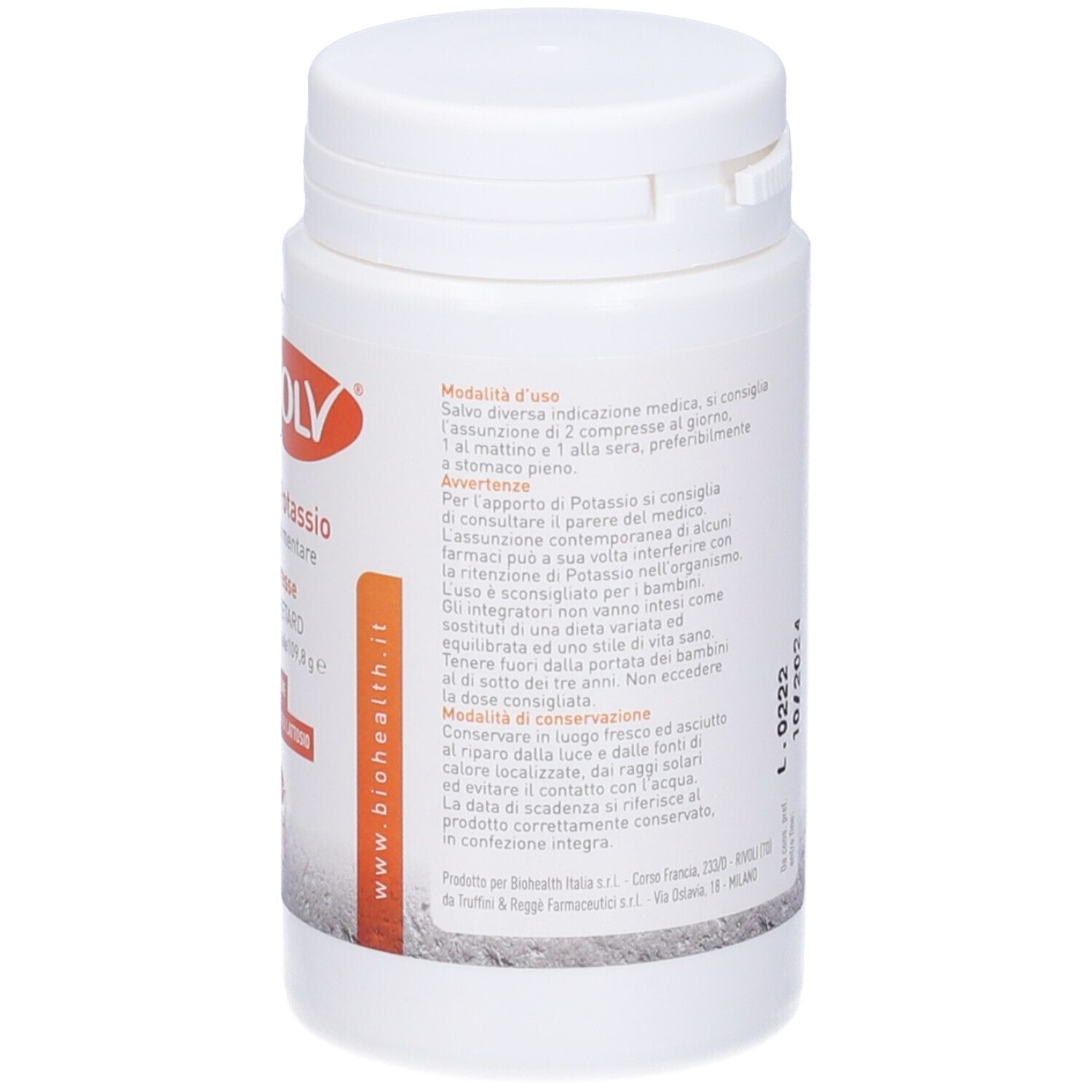 Retro del flacone bianco Lithosolv Plus. Testo: Modalità d'uso, conservazione. Biohealth Italia.
