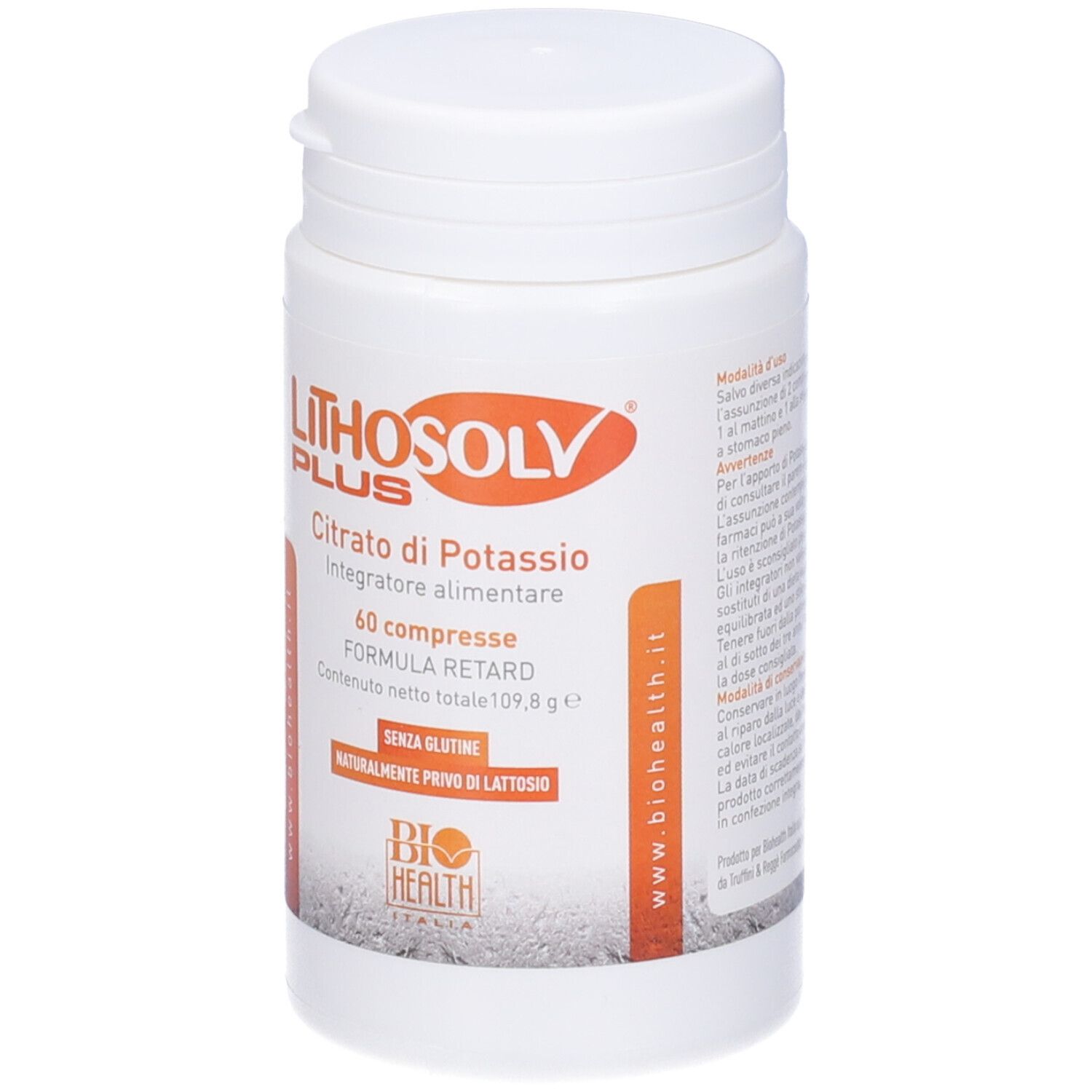 Flacone bianco Lithosolv Plus. Scritta: Citrato di Potassio, 60 compresse. Senza glutine, senza lattosio. Biohealth Italia.