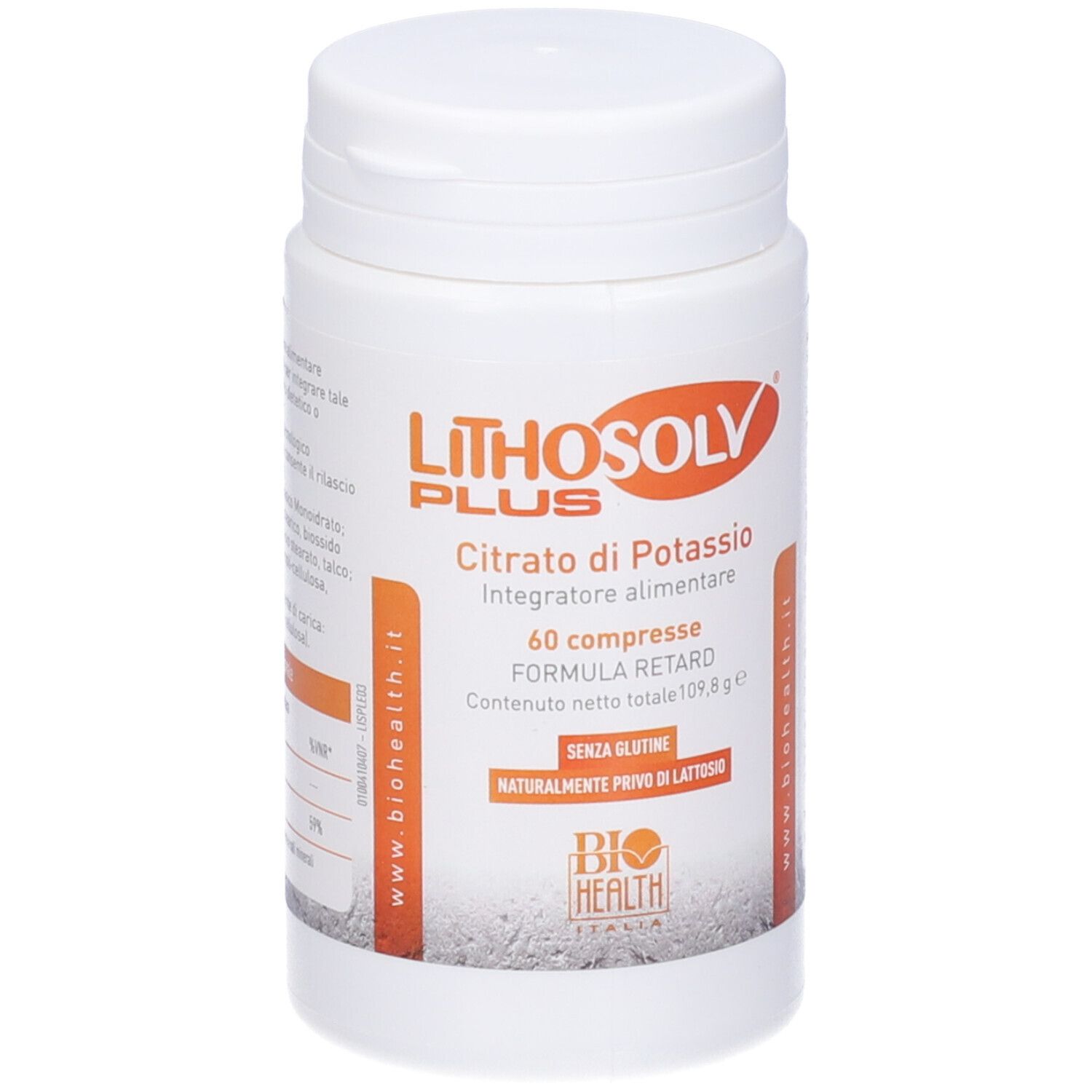 Flacone bianco Lithosolv Plus. Scritta: Citrato di Potassio, 60 compresse. Senza glutine, senza lattosio. Biohealth Italia.