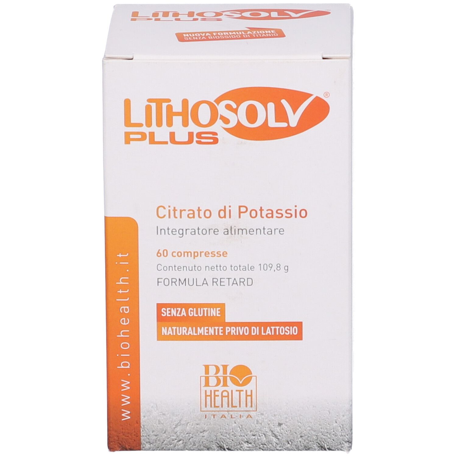 Scatola Lithosolv Plus. Scritta: Citrato di Potassio, 60 compresse. Senza glutine, senza lattosio. Biohealth Italia.
