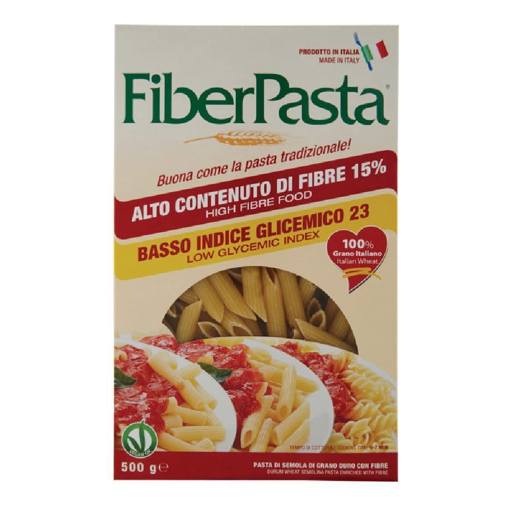 Confezione di Fiberpasta Diet Penne. Contiene il 15% di fibre e un basso indice glicemico. Confezione da 500g.