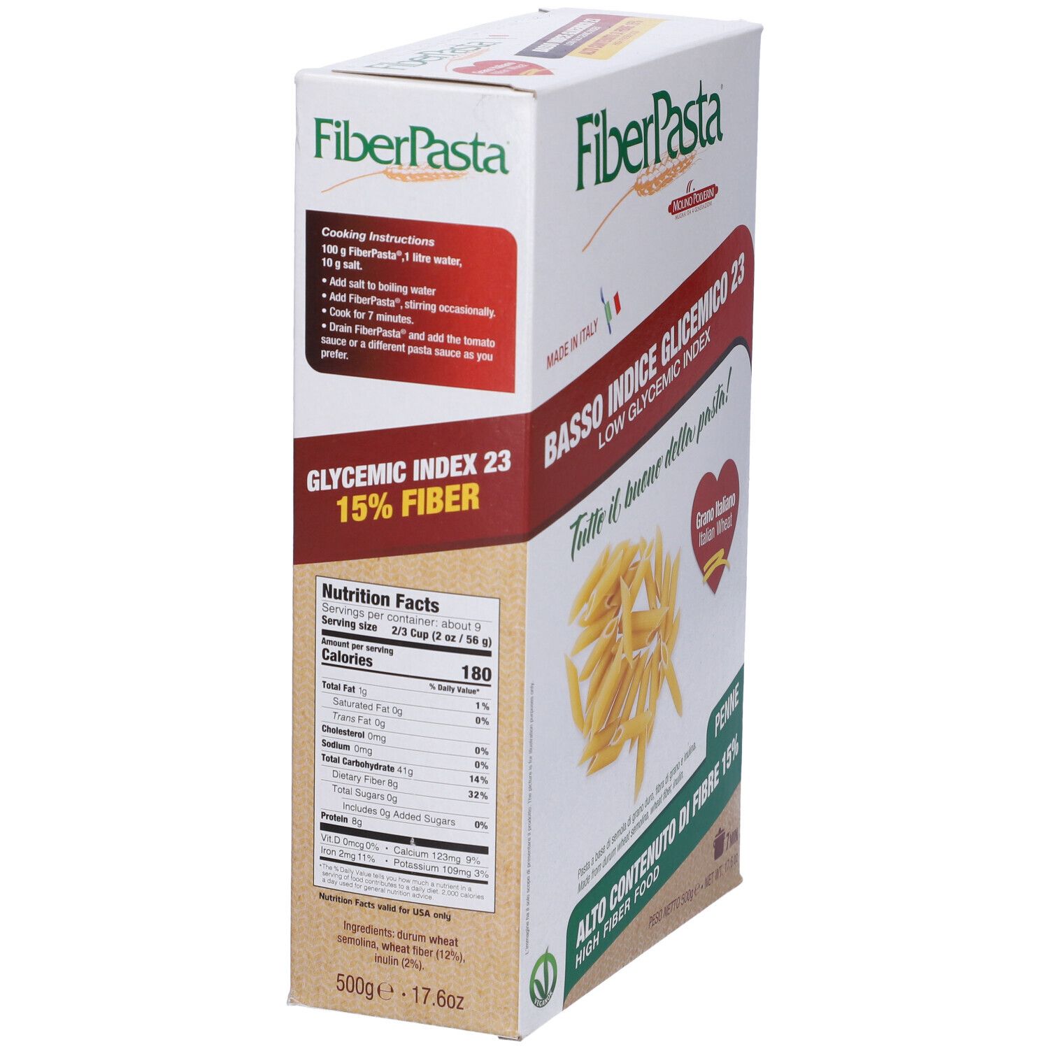 Confezione di Fiberpasta Diet Penne. Retro con informazioni nutrizionali e istruzioni di cottura. 15% fibre.