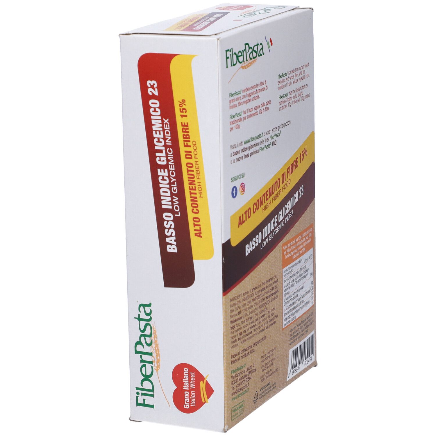 Confezione di Fiberpasta Diet Penne. Contiene il 15% di fibre e un basso indice glicemico. Vista laterale.