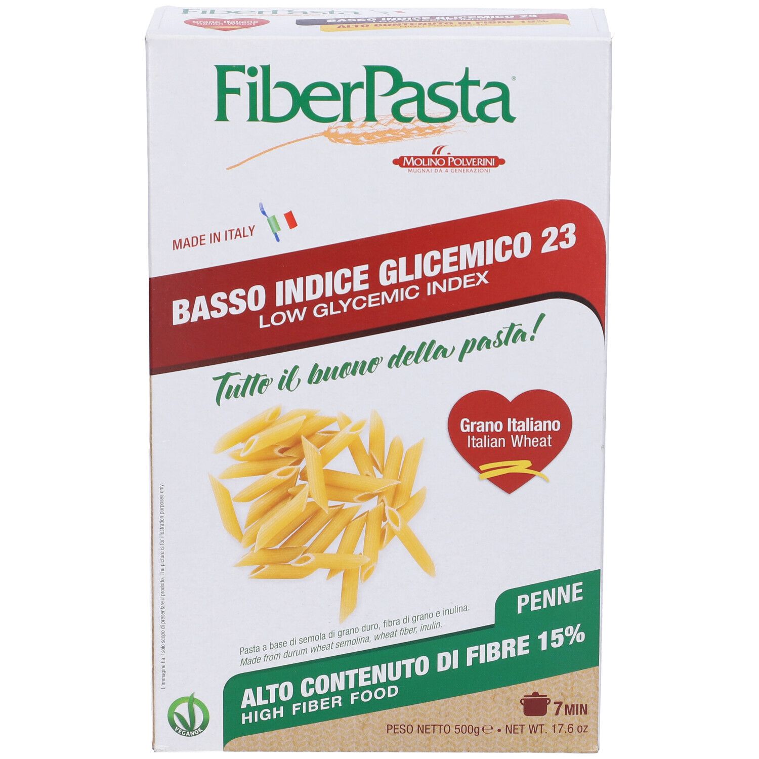 Confezione di Fiberpasta Diet Penne. Contiene il 15% di fibre e un basso indice glicemico. Forma penne.
