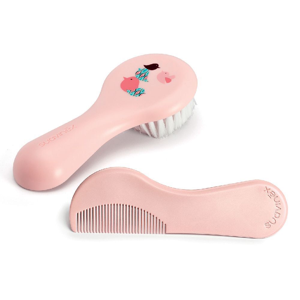 Set spazzola e pettine rosa per neonati. Spazzola con decoro uccelli, pettine a denti fini. Logo Suavinex visibile.