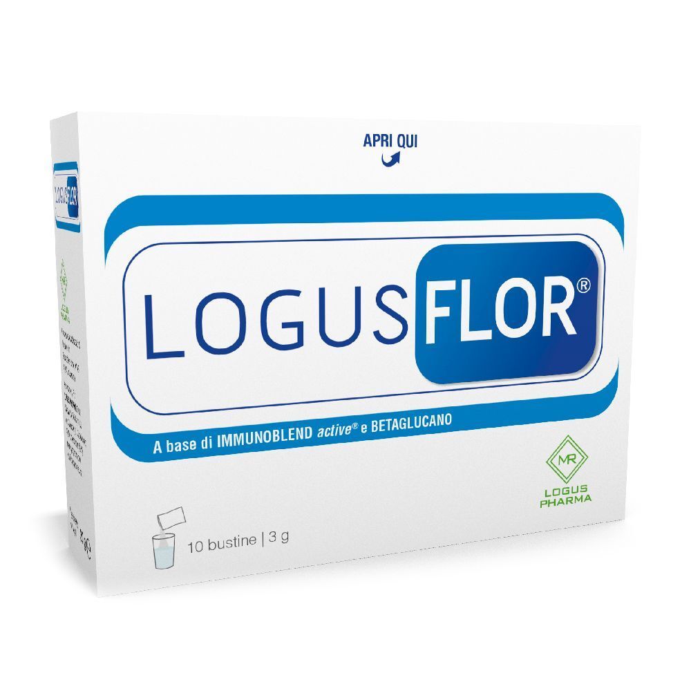 Scatola bianca con logo blu LOGUSFLOR. Contiene 10 bustine. Scritta: A base di IMMUNOBLEND active e BETA-GLUCANO.