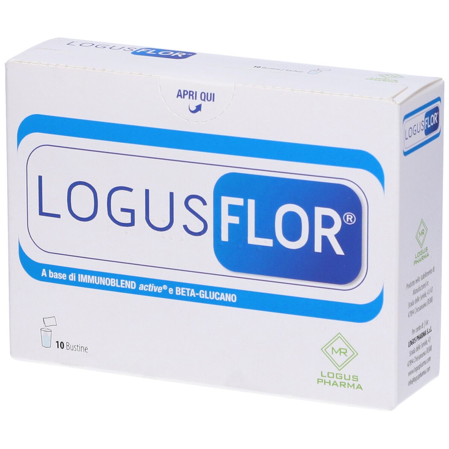 Scatola bianca con logo blu LOGUSFLOR. Contiene 10 bustine. Scritta: A base di IMMUNOBLEND active e BETA-GLUCANO.