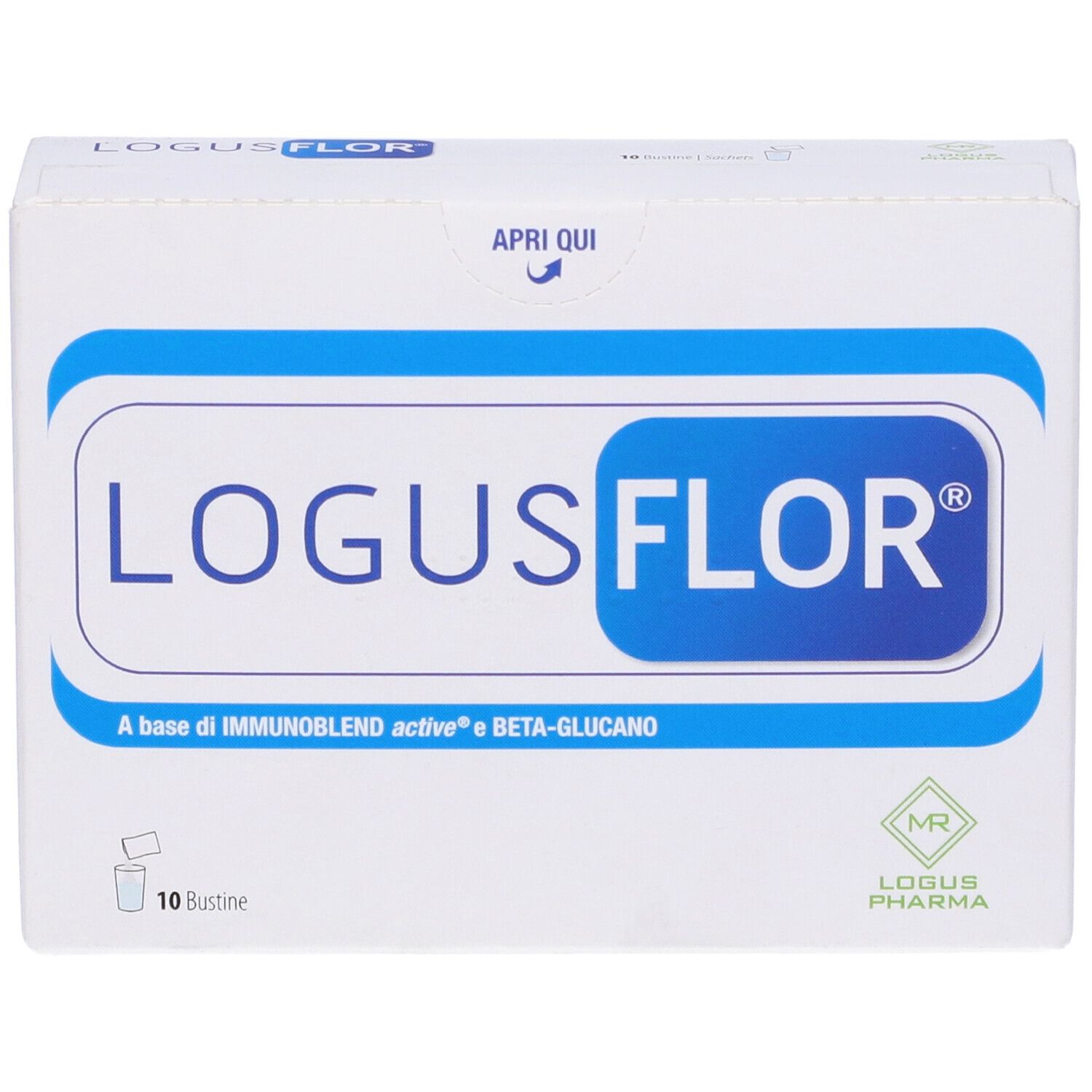 Scatola bianca con logo blu LOGUSFLOR. Contiene 10 bustine. Scritta: A base di IMMUNOBLEND active e BETA-GLUCANO.