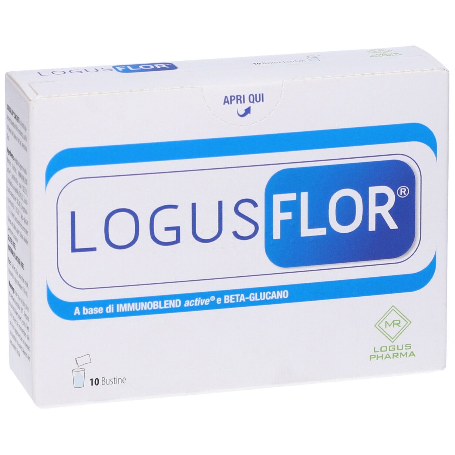 Scatola bianca con logo blu LOGUSFLOR. Contiene 10 bustine. Scritta: A base di IMMUNOBLEND active e BETA-GLUCANO.