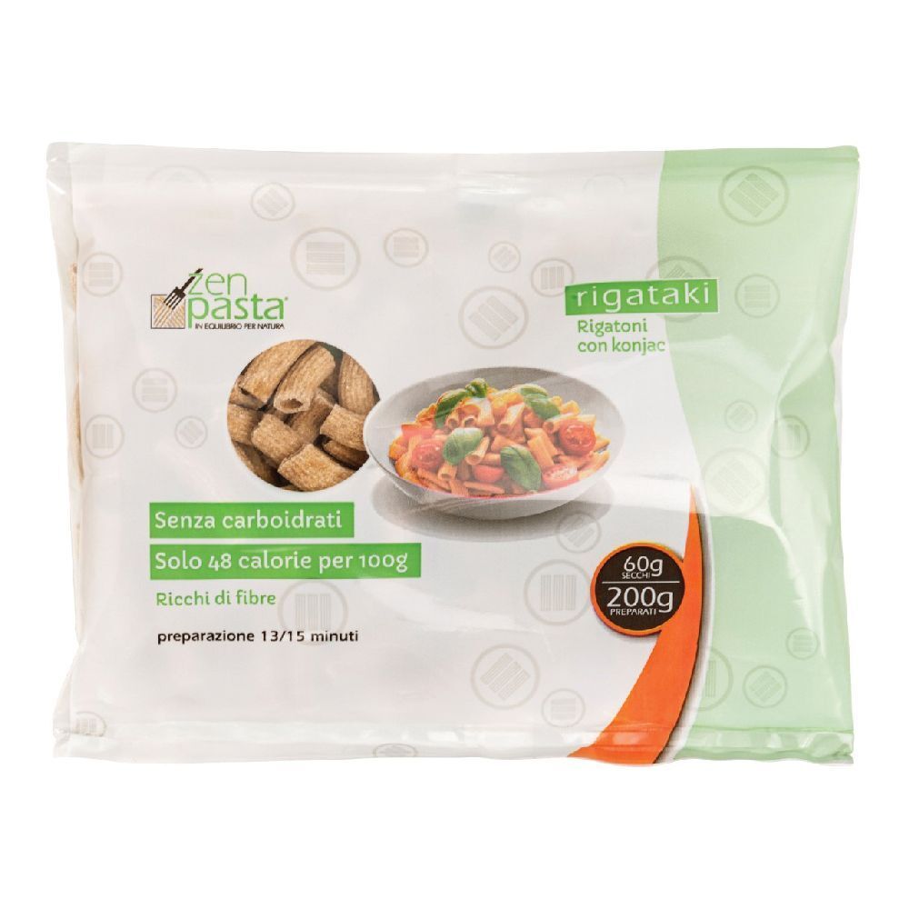 Confezione Zen Pasta Rigataki. Busta bianca e verde con immagine e testo. Contiene 60g.