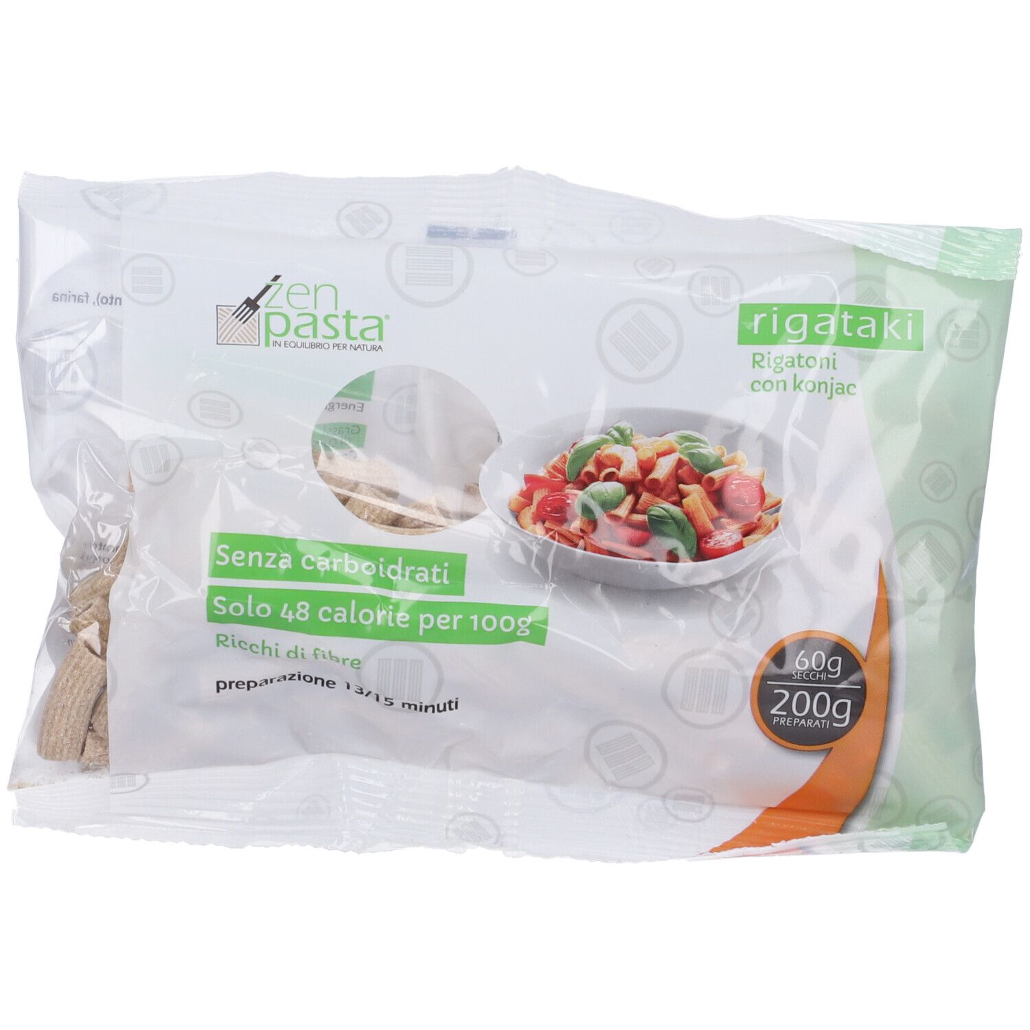 Confezione Zen Pasta Rigataki. Parzialmente trasparente, prodotto visibile. Busta verde e bianca con testo. Contiene 60g.