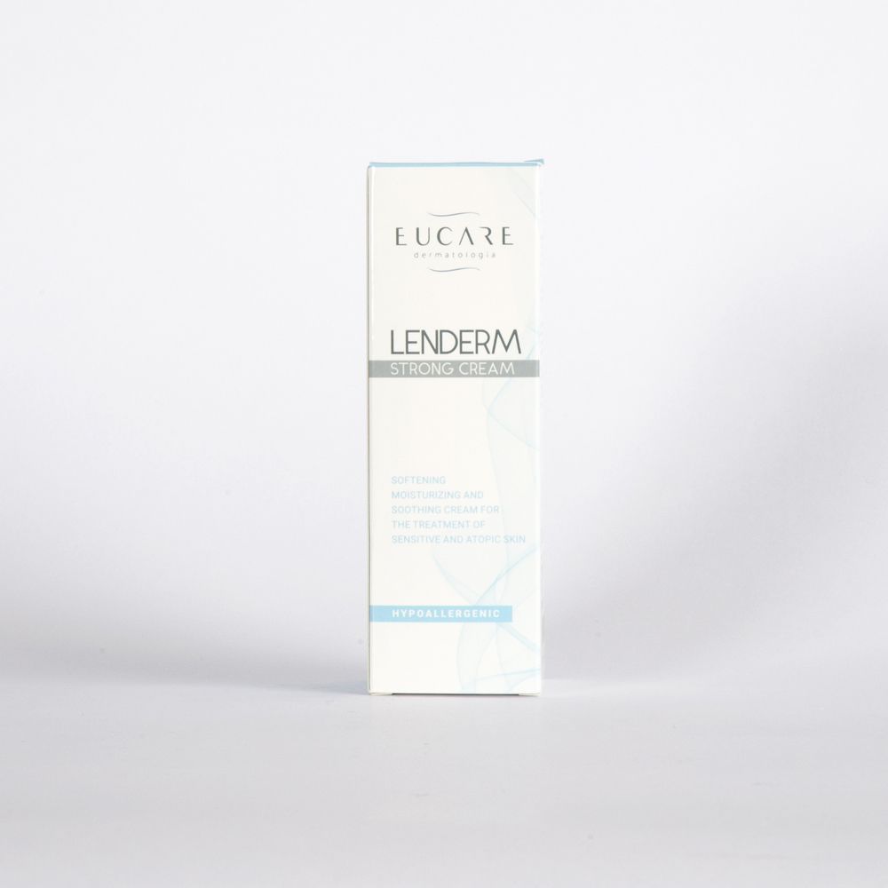 EUCARE Lenderm Strong Cream. Tubo bianco con scritte blu. Scritto: « Lenderm Strong Cream ». Ipoallergenico.