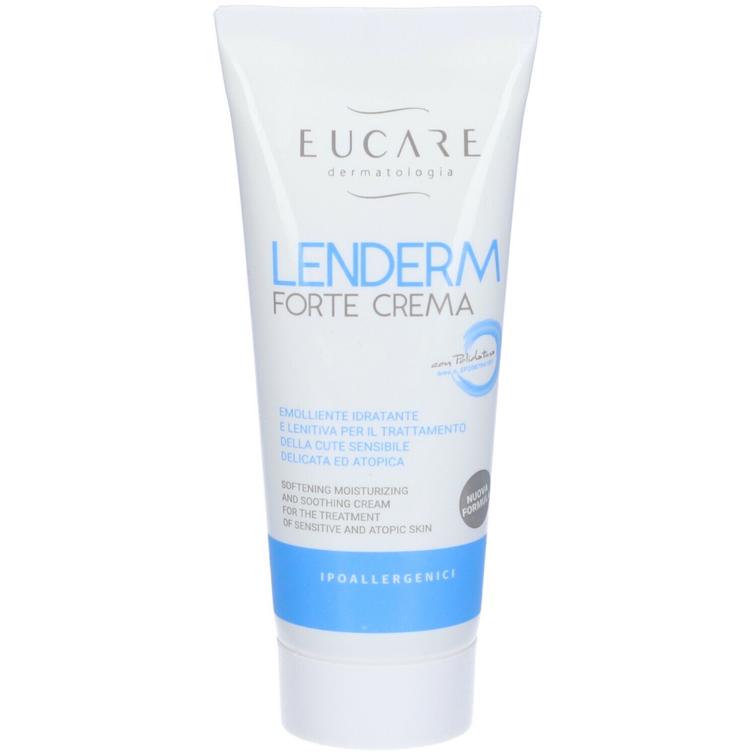 EUCARE Lenderm Forte Cream. Tubo bianco con scritte blu. Scritto: « Lenderm Forte Cream ». Per pelli sensibili. Ipoallergenico.