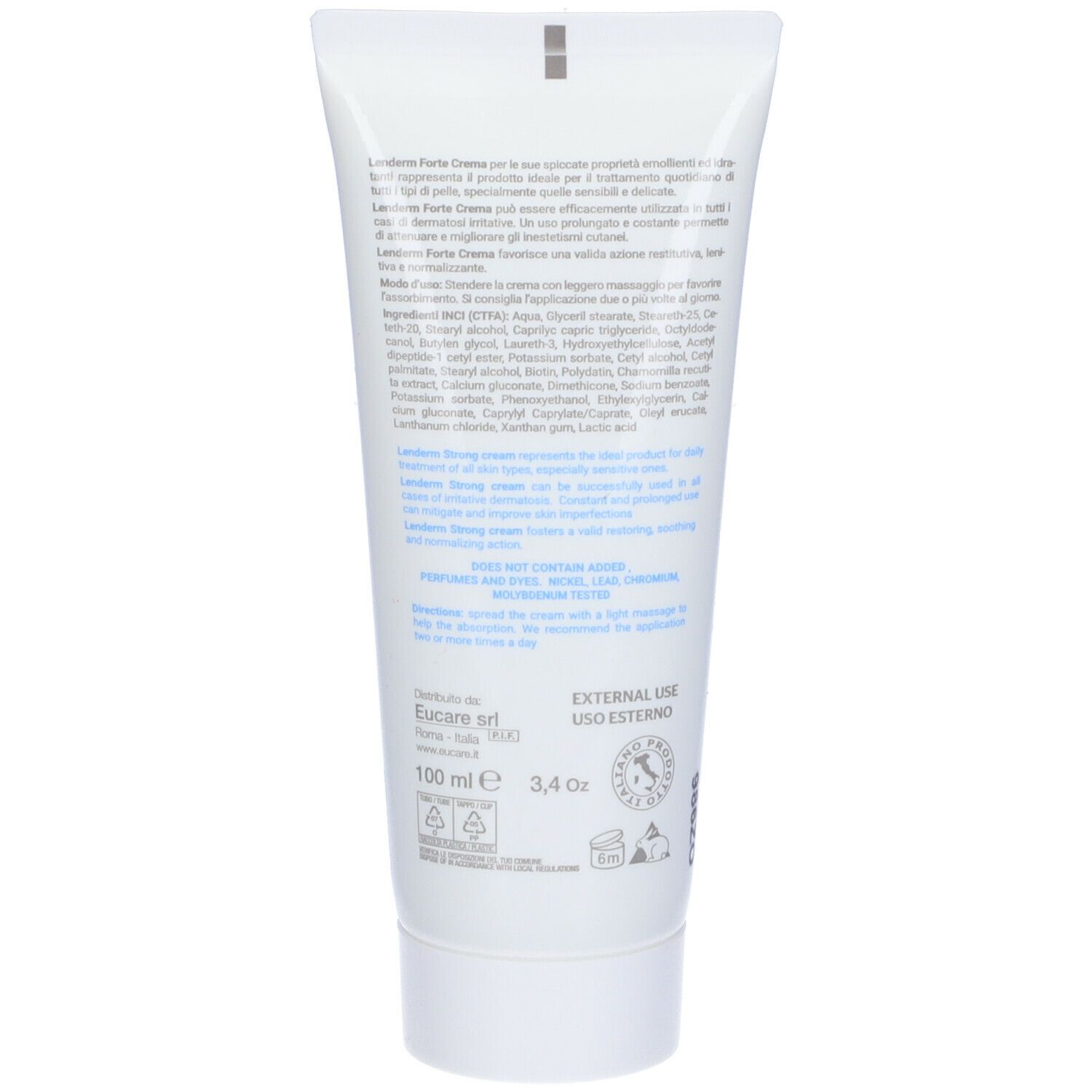 Retro del tubo EUCARE Lenderm Forte Cream. Testo e ingredienti. 100 ml. Uso esterno.