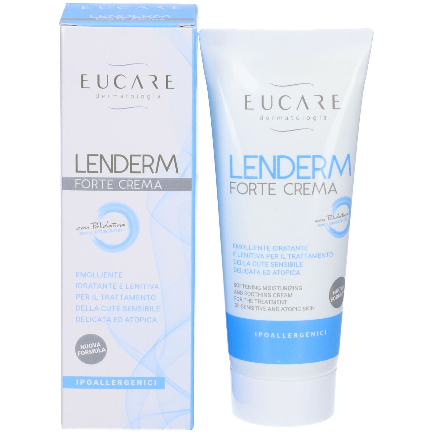 EUCARE Lenderm Forte Cream. Tubo e scatola. Scritto: « Lenderm Forte Cream ». Per pelli sensibili. Ipoallergenico.