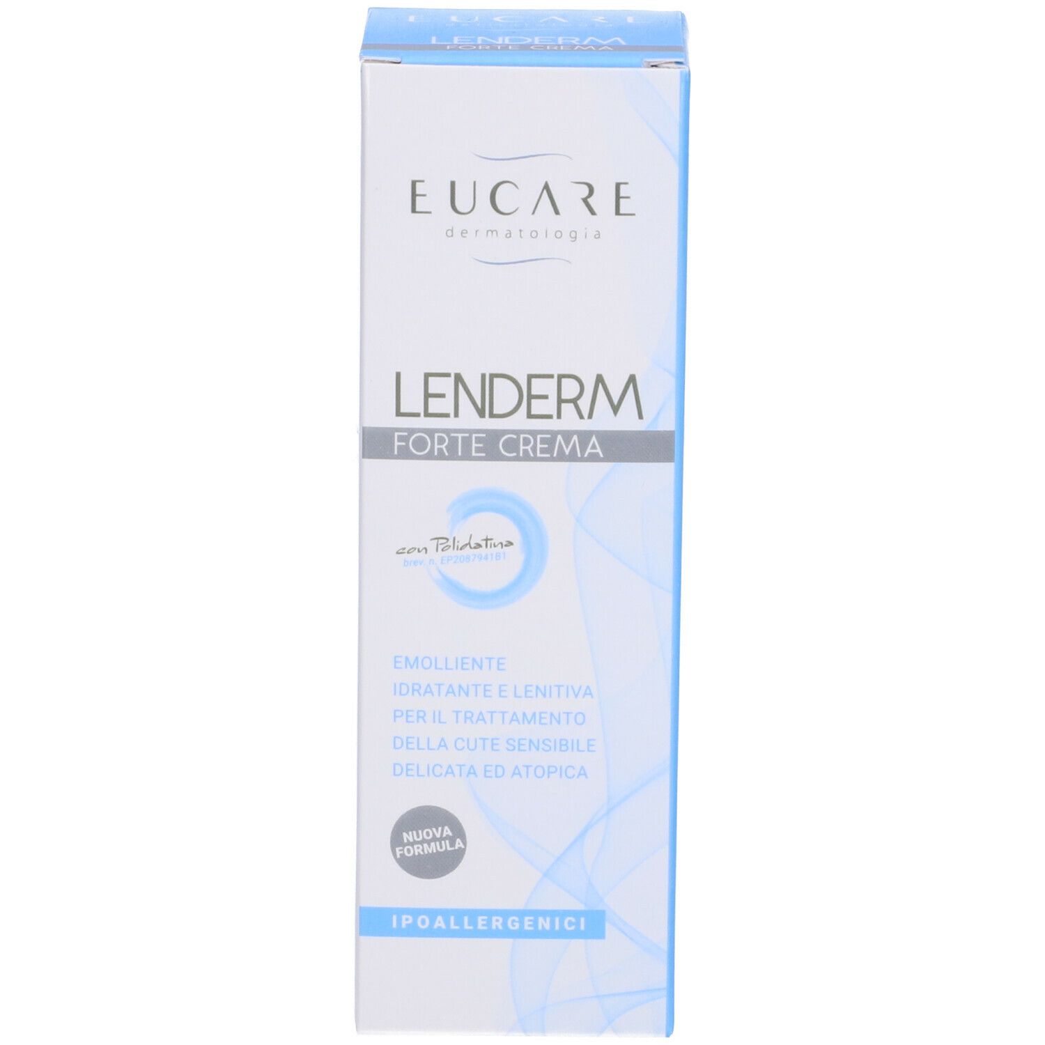 EUCARE Lenderm Forte Cream. Scatola. Scritto: « Lenderm Forte Cream ». Per pelli sensibili. Ipoallergenico.