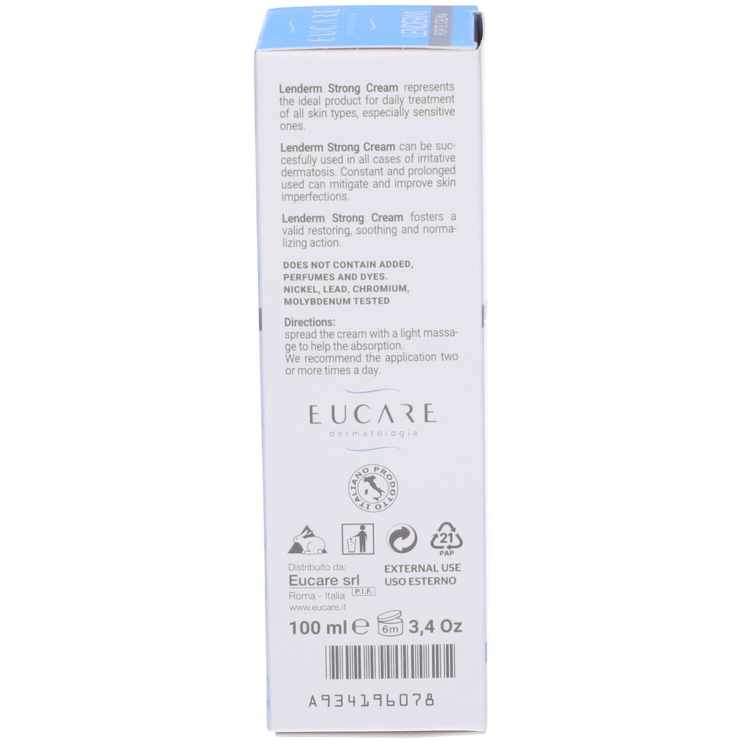 Retro della scatola EUCARE Lenderm Strong Cream. Testo. 100 ml. Uso esterno.