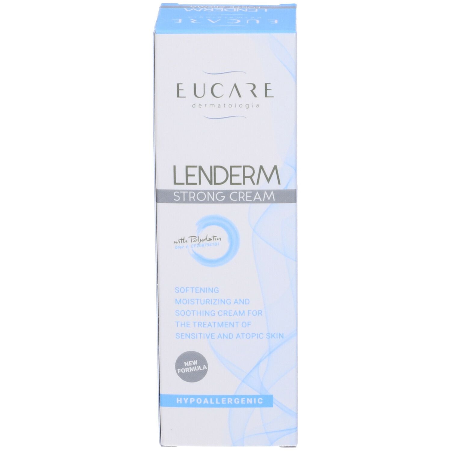 EUCARE Lenderm Strong Cream. Scatola. Scritto: « Lenderm Strong Cream ». Per pelli sensibili. Ipoallergenico.