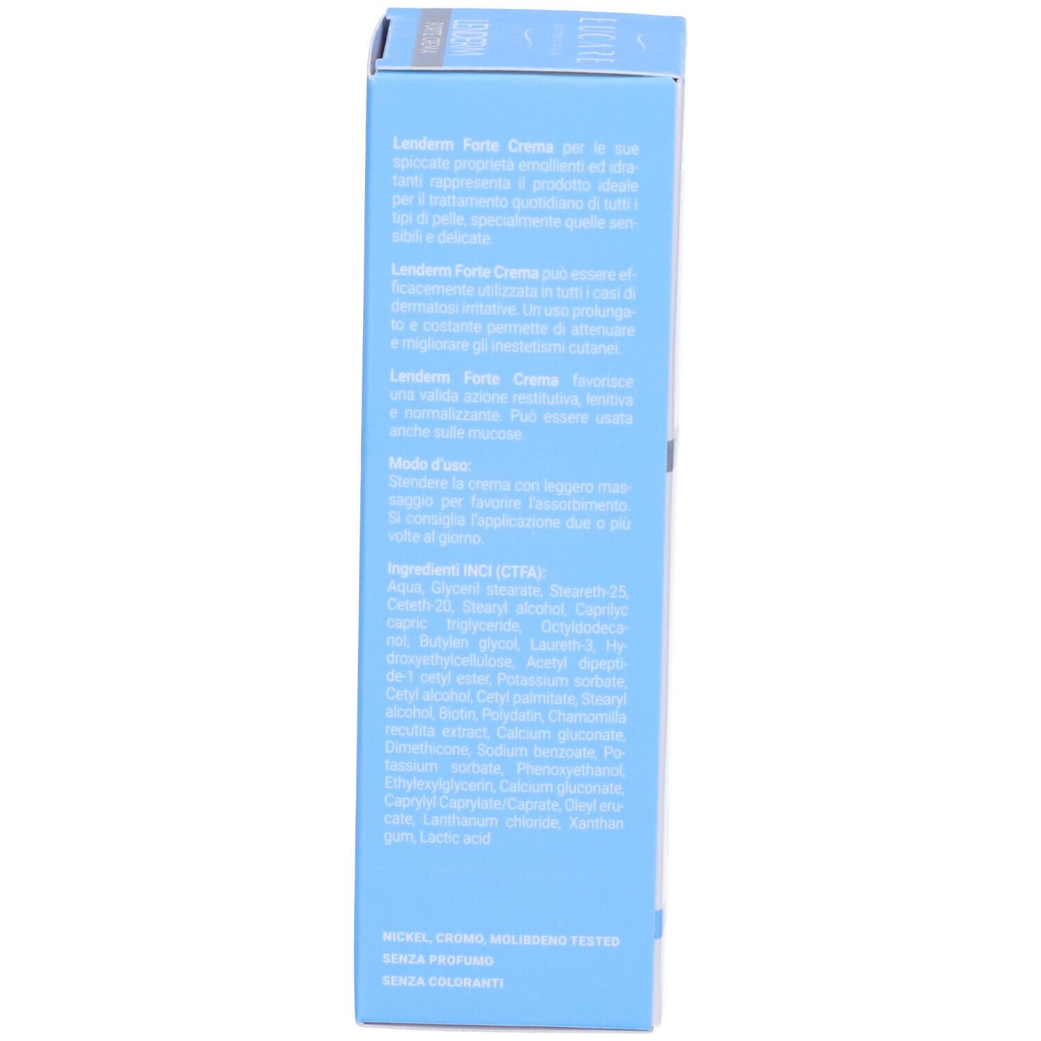 Retro della scatola EUCARE Lenderm Forte Cream. Testo e ingredienti. Uso esterno.