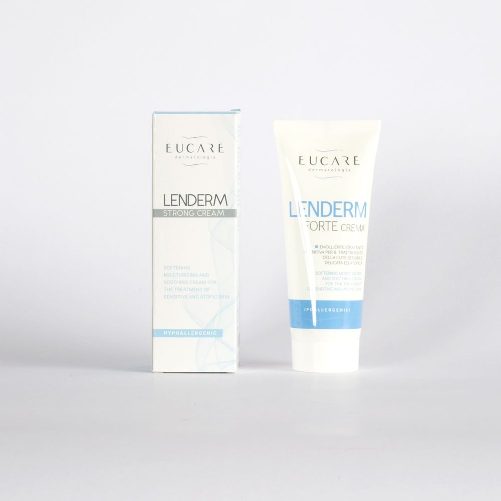 EUCARE Lenderm Forte Cream. Tubo e scatola. Scritto: « Lenderm Forte Cream ». Per pelli sensibili. Ipoallergenico.