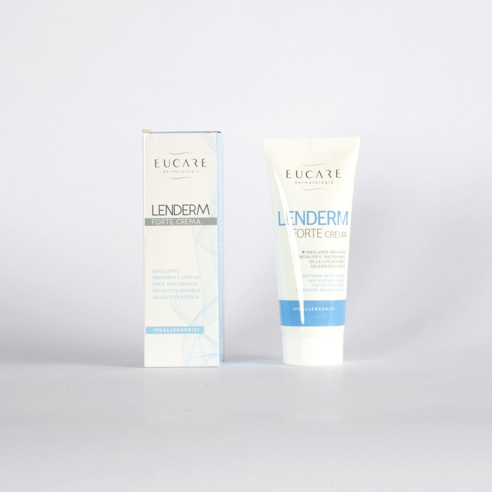 EUCARE Lenderm Forte Cream. Tubo e scatola. Scritto: « Lenderm Forte Cream ». Per pelli sensibili. Ipoallergenico.