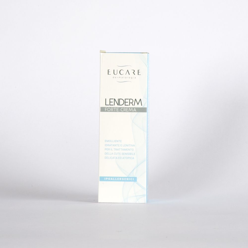 EUCARE Lenderm Forte Cream. Scatola, scritta blu. Scritto: « Lenderm Forte Cream ». Per pelli sensibili. Ipoallergenico.