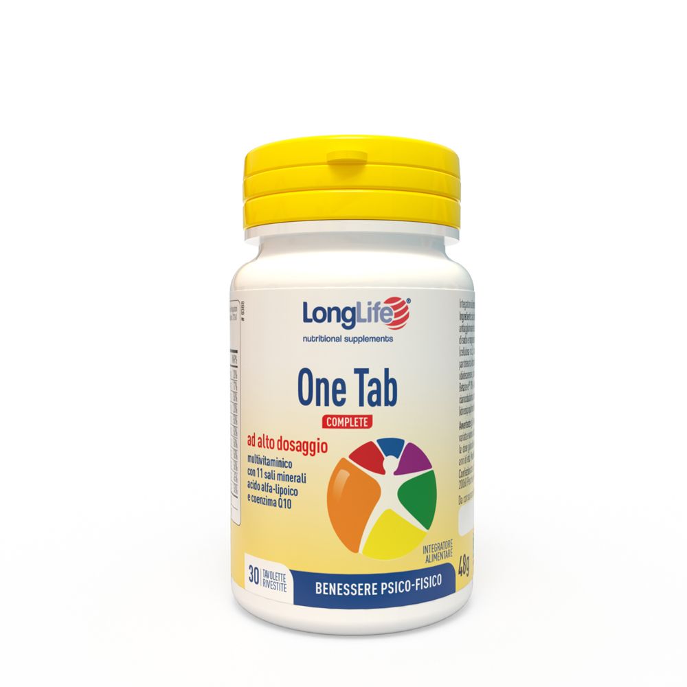 Flacone bianco con tappo giallo. Scritta: LongLife One Tab Complete. 30 compresse. Logo colorato.