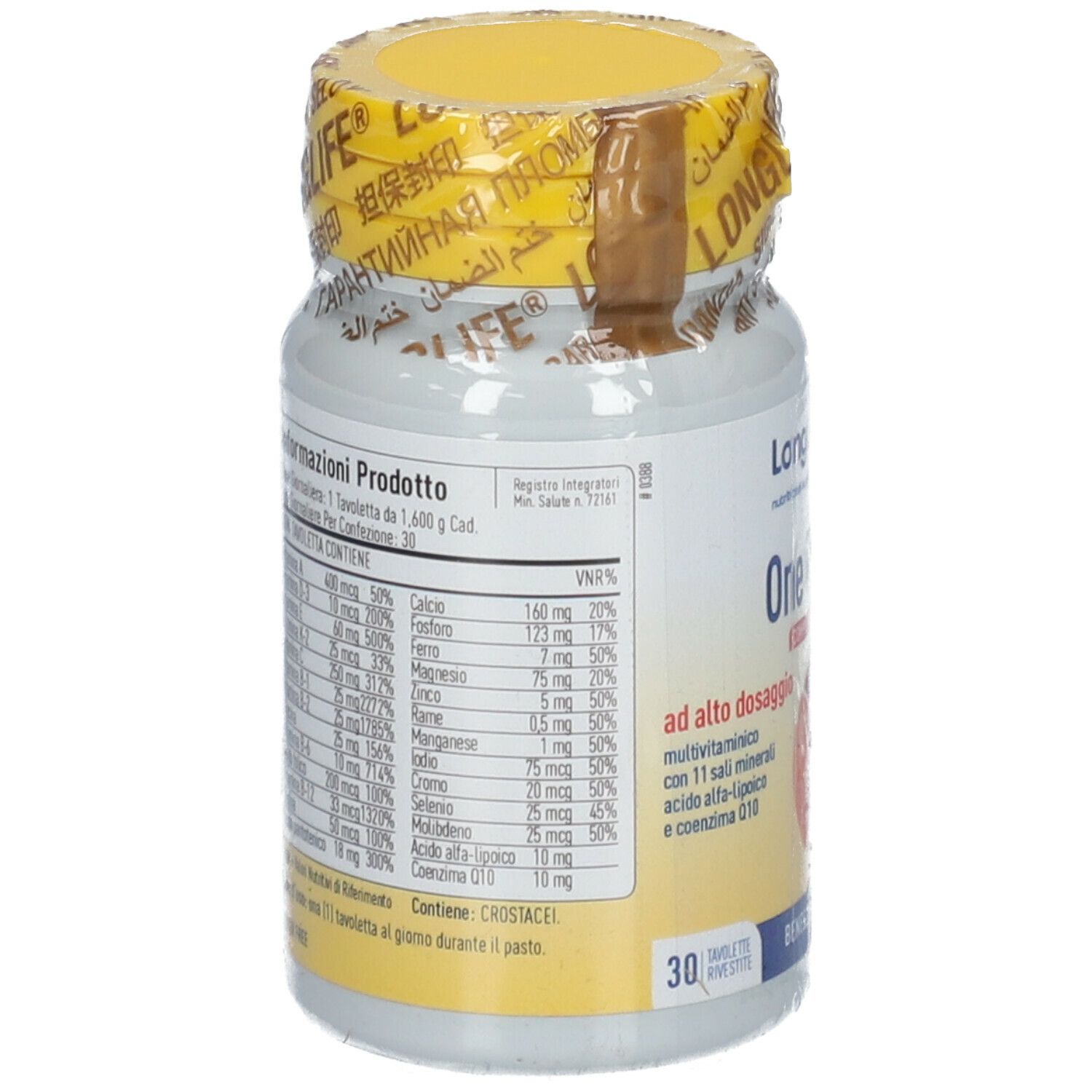 Retro del flacone. Scritte: informazioni nutrizionali, ingredienti. 30 compresse. Tappo giallo.