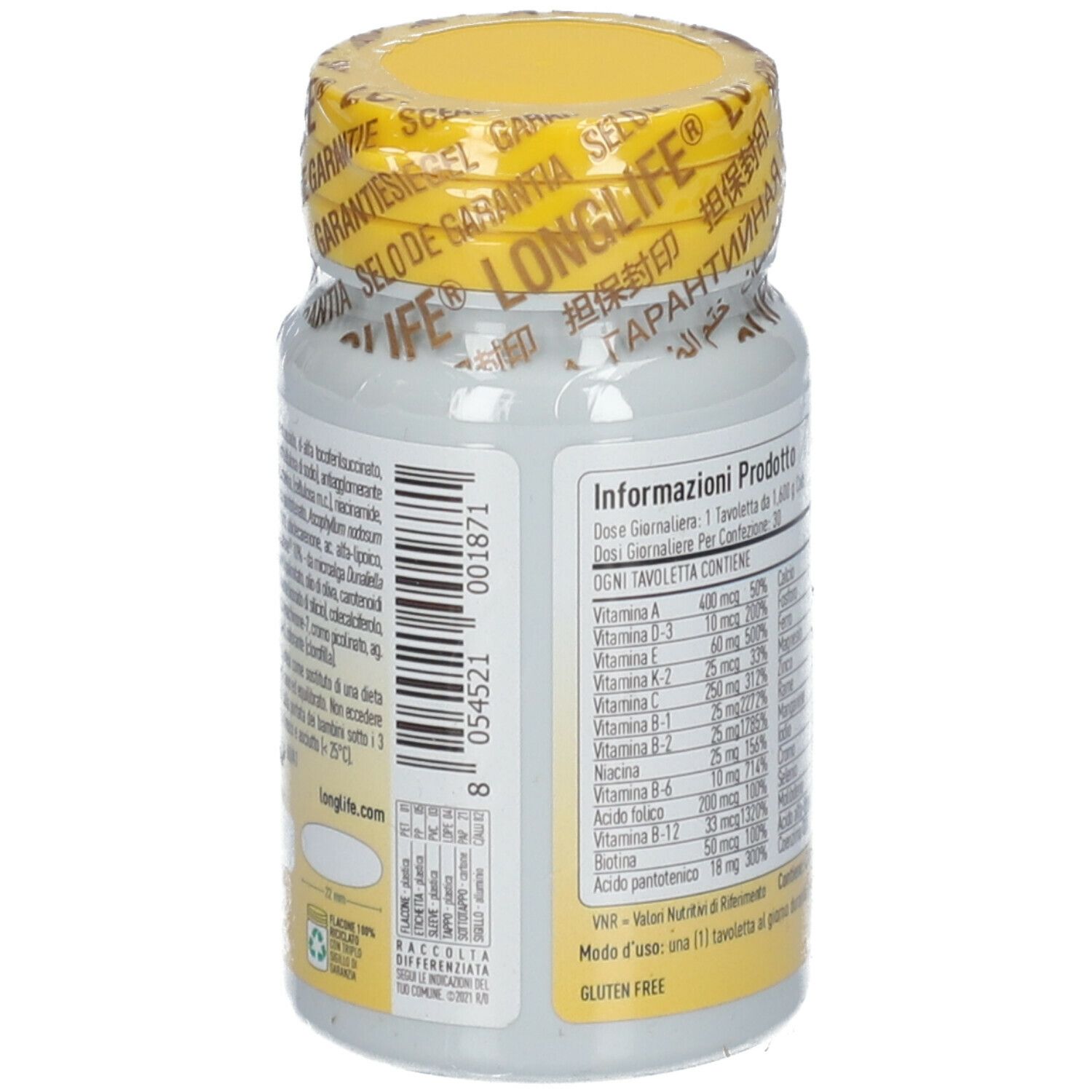 Retro del flacone. Scritte: informazioni nutrizionali, ingredienti. 30 compresse. Tappo giallo.