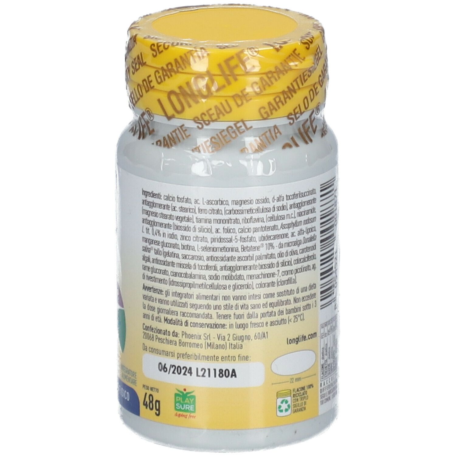 Retro del flacone. Scritte: ingredienti, data di scadenza. 30 compresse. Tappo giallo.