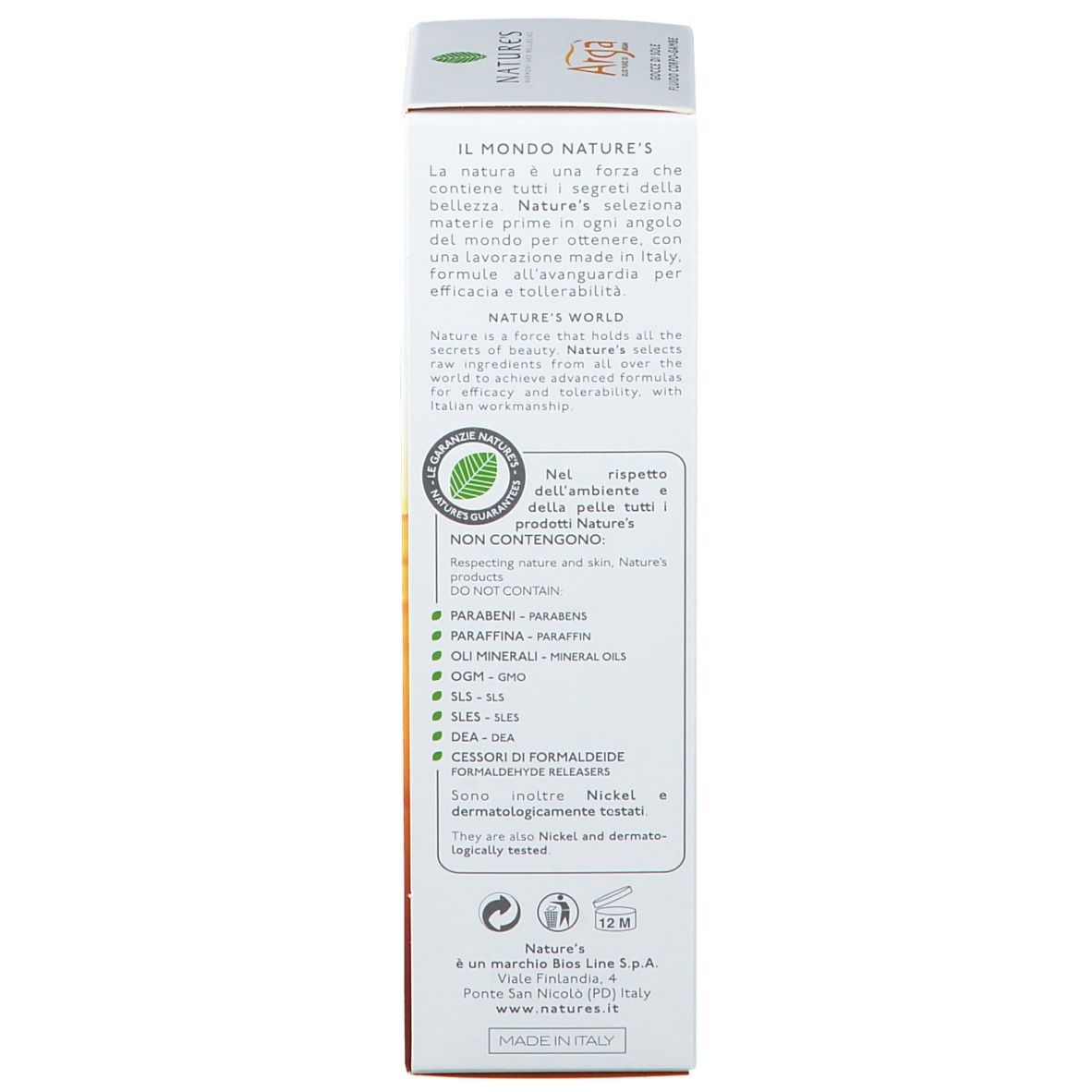 Scatola bianca con testo. Contiene informazioni sui prodotti NATURE'S e sugli ingredienti. Testato al nichel.
