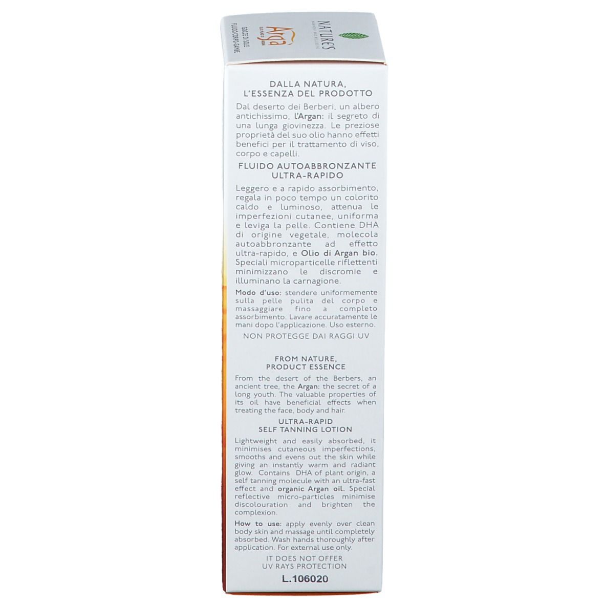 Scatola bianca con testo. Descrive le proprietà del prodotto e l'uso. Non contiene protezione UV.