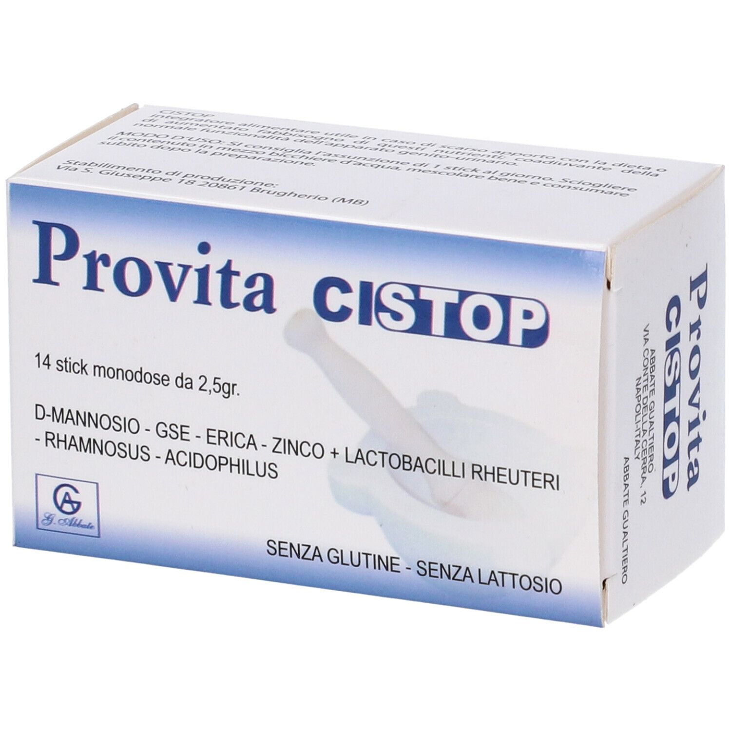 Scatola Provita Cistop Monodose. Contiene 14 stick. Scritte: D-Mannosio, GSE, Erica, Zinco, Lactobacilli, Rhamnosus, Acidophilus. Senza glutine, senza lattosio.