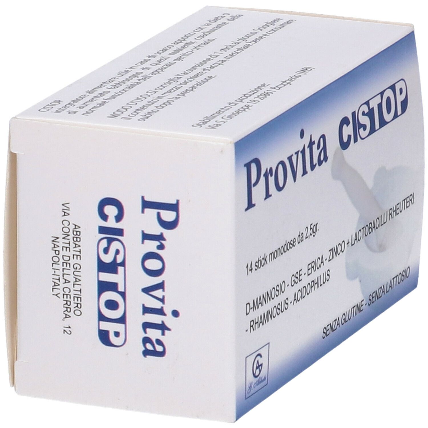 Scatola Provita Cistop Monodose. Contiene 14 stick. Scritte: D-Mannosio, GSE, Erica, Zinco, Lactobacilli, Rhamnosus, Acidophilus. Senza glutine, senza lattosio.