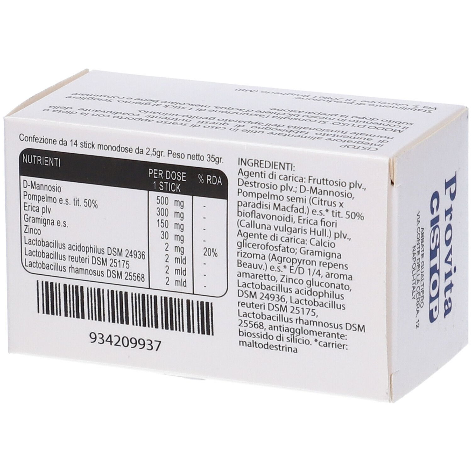 Scatola Provita Cistop Monodose. Contiene 14 stick. Informazioni nutrizionali e ingredienti. Scritte: D-Mannosio, GSE, Erica, Zinco, Lactobacilli, Rhamnosus, Acidophilus.